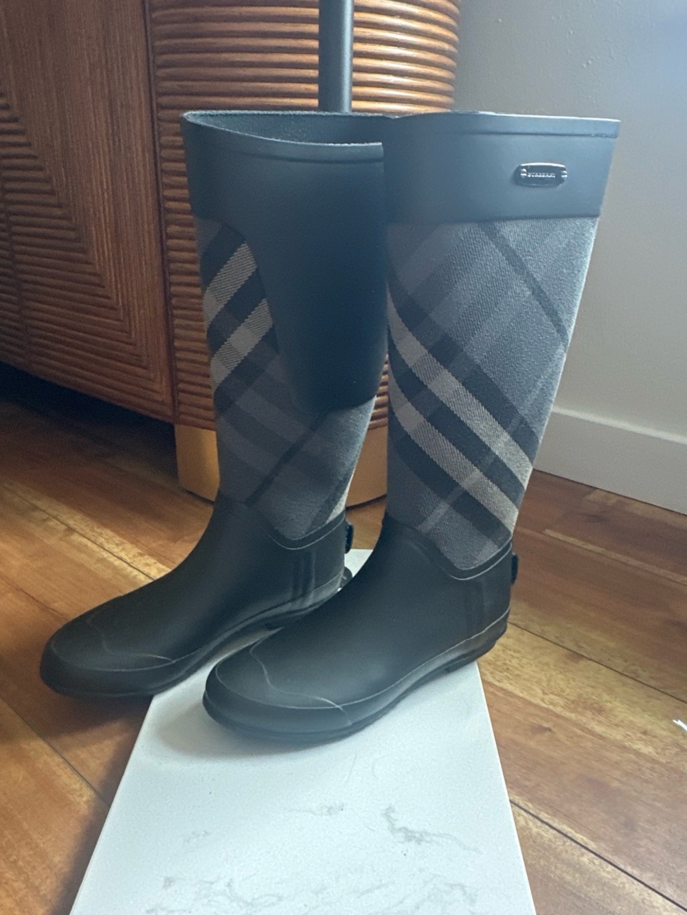 Burberry Black & Gray Plaid Tall Rain Boots